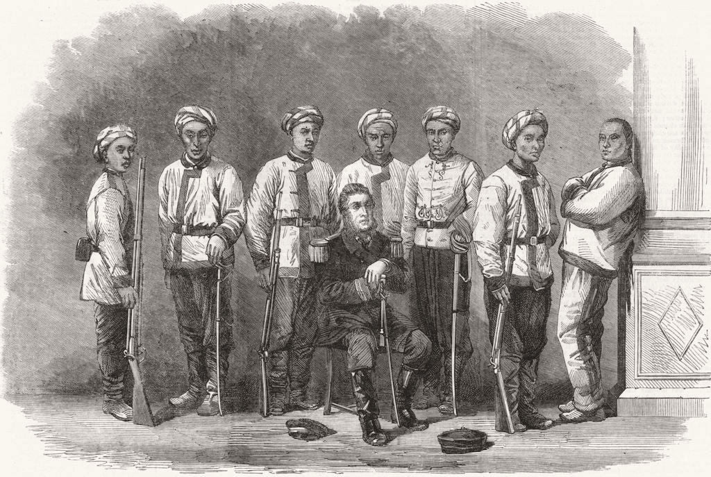 TOWNS. Shanghai. Chinese troops, European officer 1863 old antique print